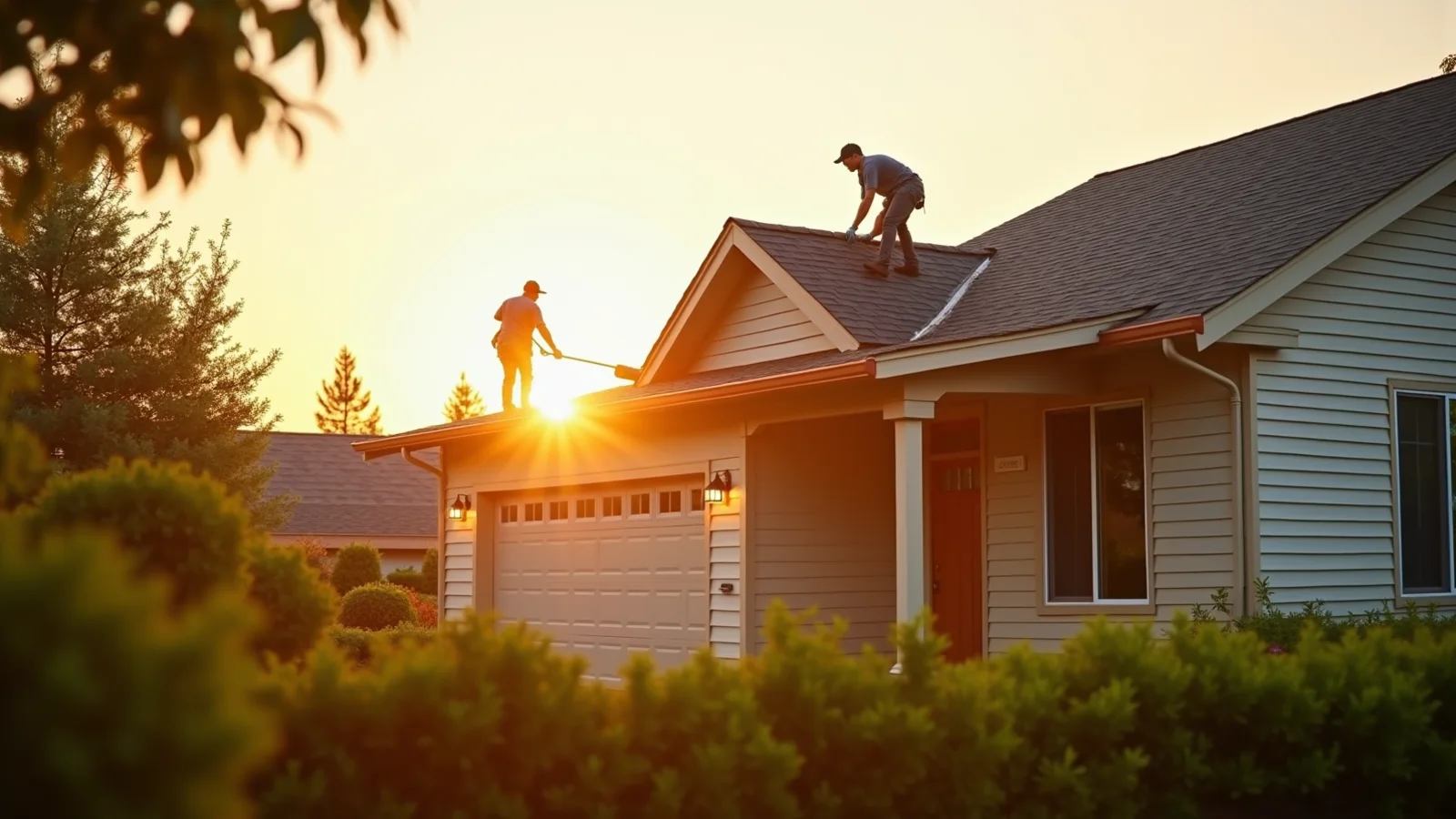 Oakline crew working a roofline at golden hour